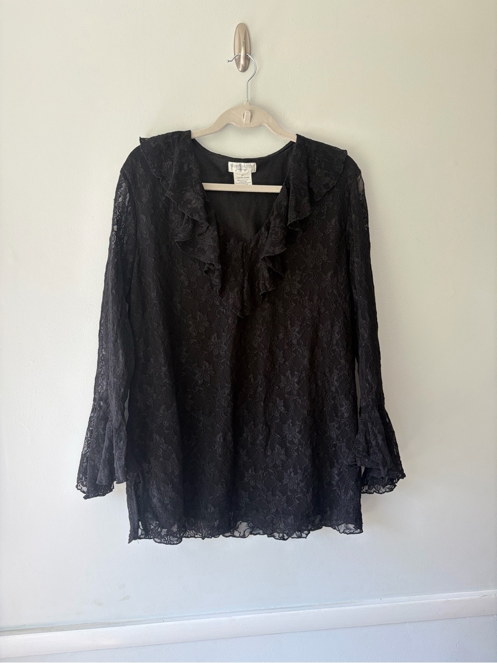 Worthington Black Lace Ruffle V-Neck Blouse